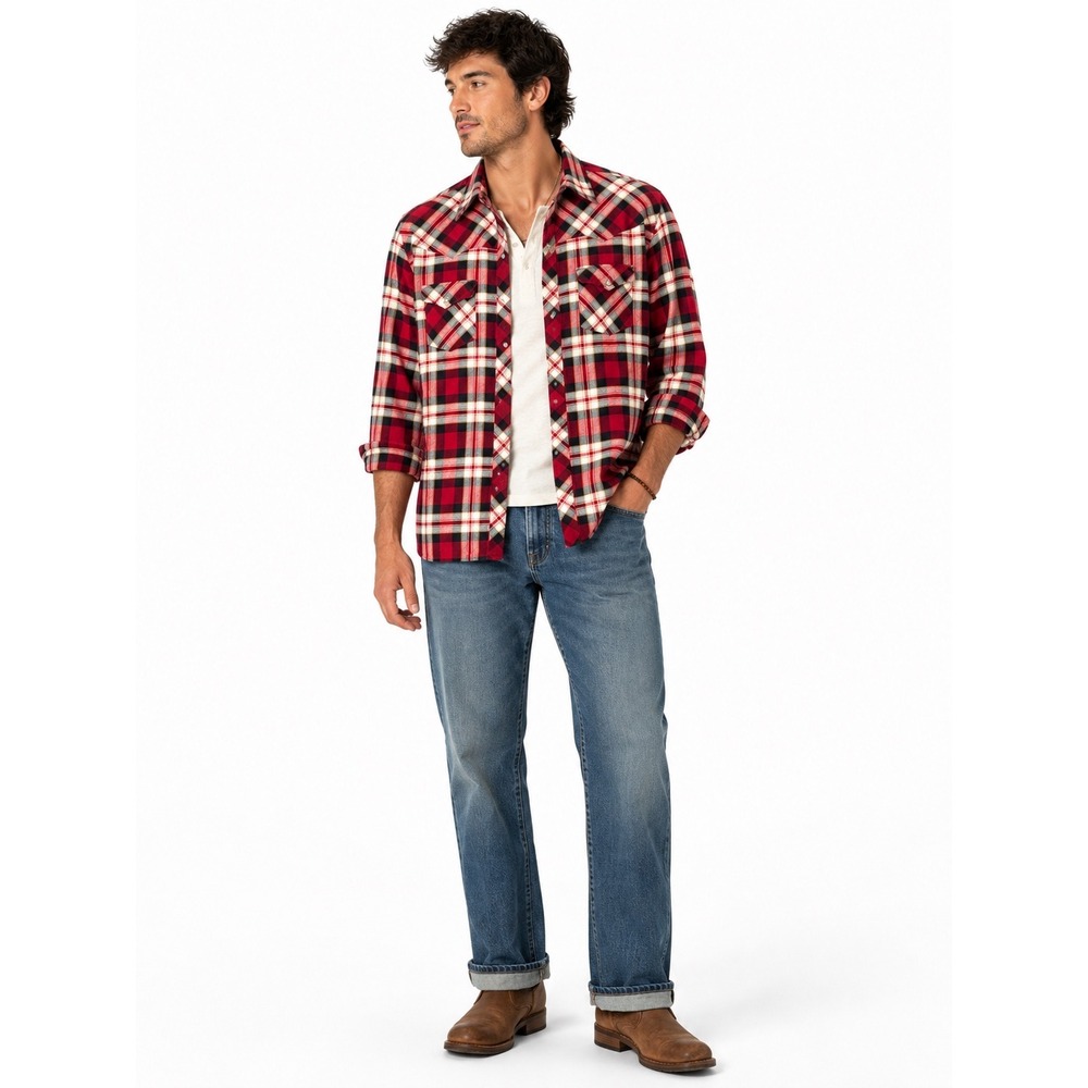 Lariat Western Shirt Mens XL Red Plaid Pearl Snap Cotton Flannel Cowboy Shirt